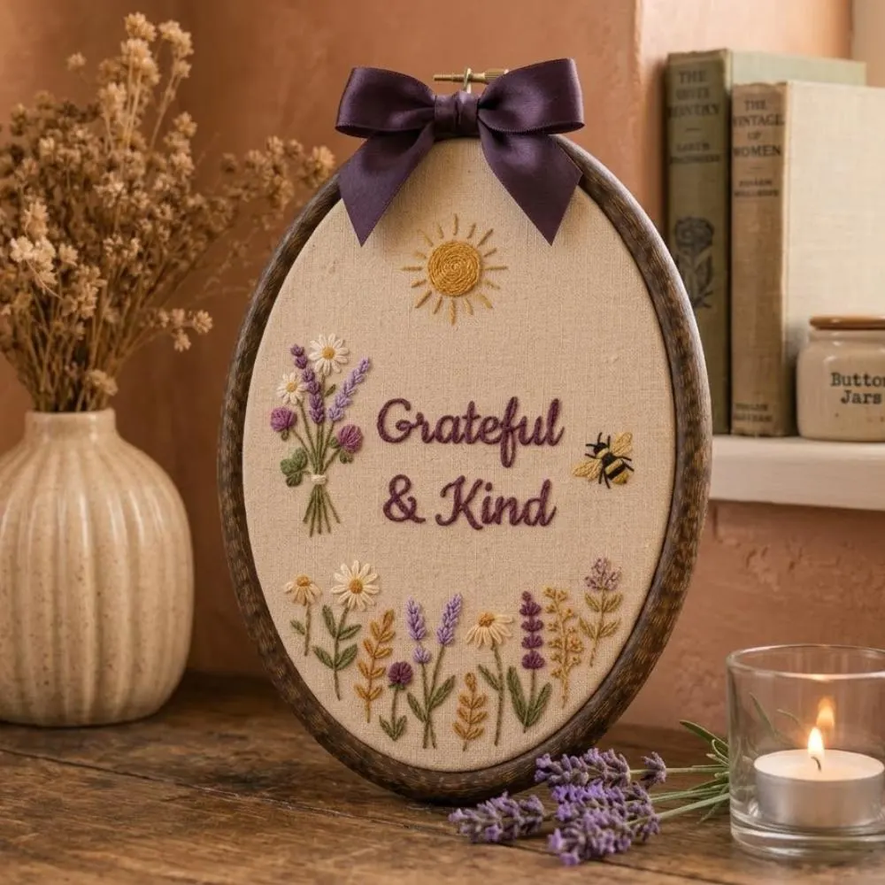 Grateful and Kind Hand Embroidery Hoop Art, Floral Wildflower Wall Decor, Bee ans Sun Embroidery, Rustic Oval Frame YB1603