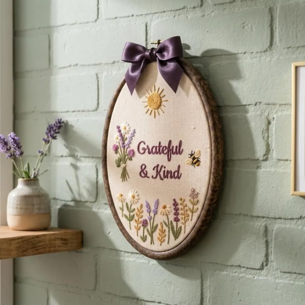 Grateful and Kind Hand Embroidery Hoop Art, Floral Wildflower Wall Decor, Bee ans Sun Embroidery, Rustic Oval Frame YB1603 - Media 2