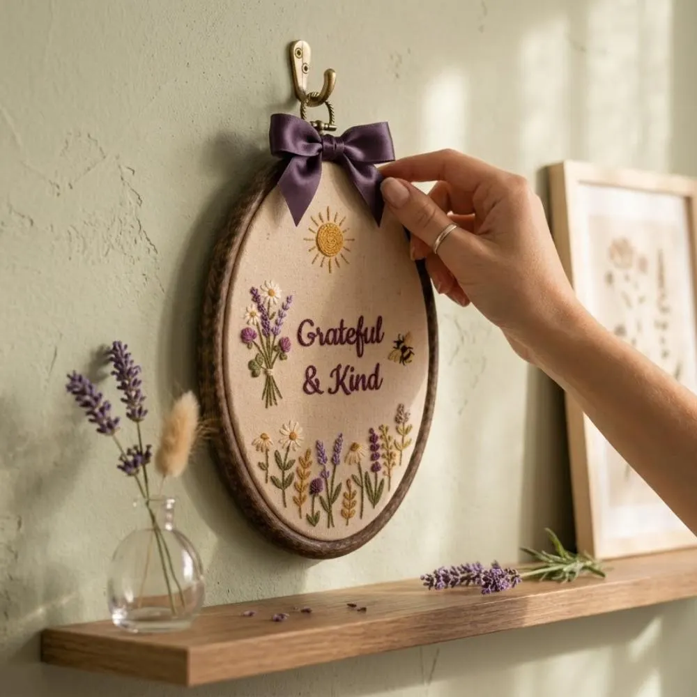 Grateful and Kind Hand Embroidery Hoop Art, Floral Wildflower Wall Decor, Bee ans Sun Embroidery, Rustic Oval Frame YB1603 - Media 3