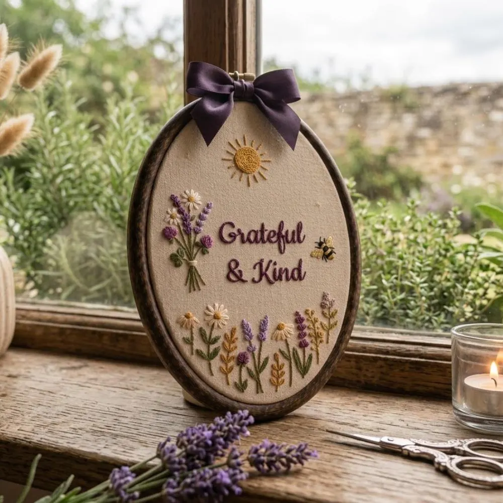 Grateful and Kind Hand Embroidery Hoop Art, Floral Wildflower Wall Decor, Bee ans Sun Embroidery, Rustic Oval Frame YB1603 - Media 4