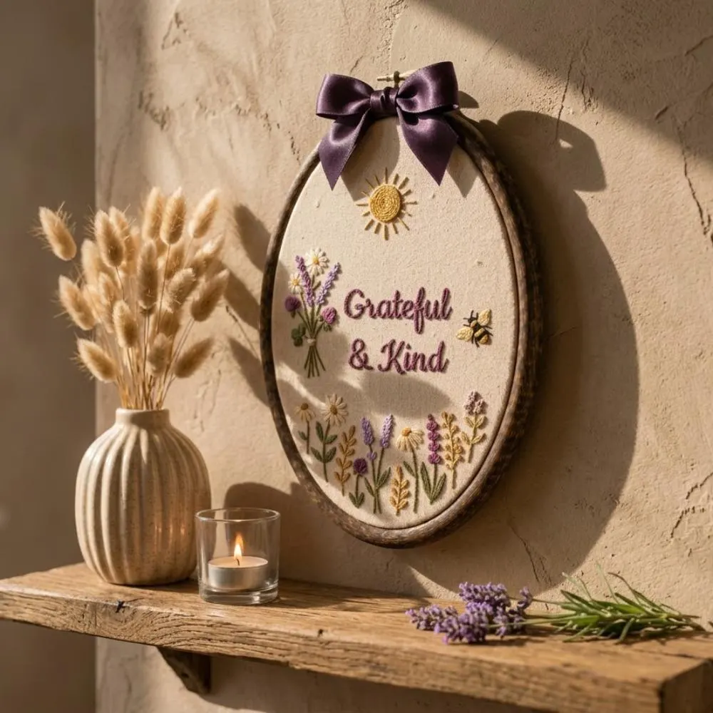Grateful and Kind Hand Embroidery Hoop Art, Floral Wildflower Wall Decor, Bee ans Sun Embroidery, Rustic Oval Frame YB1603 - Media 5