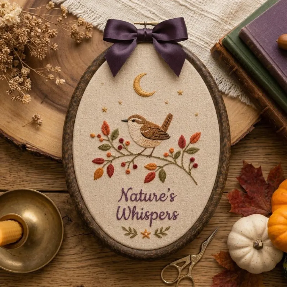 Nature's Whispers Embroidered Bird Art, Autumn Fall Leaf Wall Decor, Whimsical Woodland Bird & Moon Oval Hoop Art, Unique Nature Gift YB1603