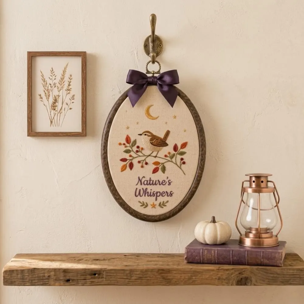 Nature's Whispers Embroidered Bird Art, Autumn Fall Leaf Wall Decor, Whimsical Woodland Bird & Moon Oval Hoop Art, Unique Nature Gift YB1603 - Media 2