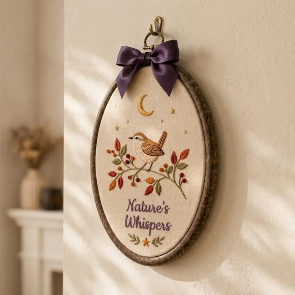 Nature's Whispers Embroidered Bird Art, Autumn Fall Leaf Wall Decor, Whimsical Woodland Bird & Moon Oval Hoop Art, Unique Nature Gift YB1603 - Media 3