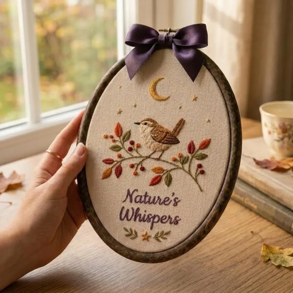 Nature's Whispers Embroidered Bird Art, Autumn Fall Leaf Wall Decor, Whimsical Woodland Bird & Moon Oval Hoop Art, Unique Nature Gift YB1603 - Media 4