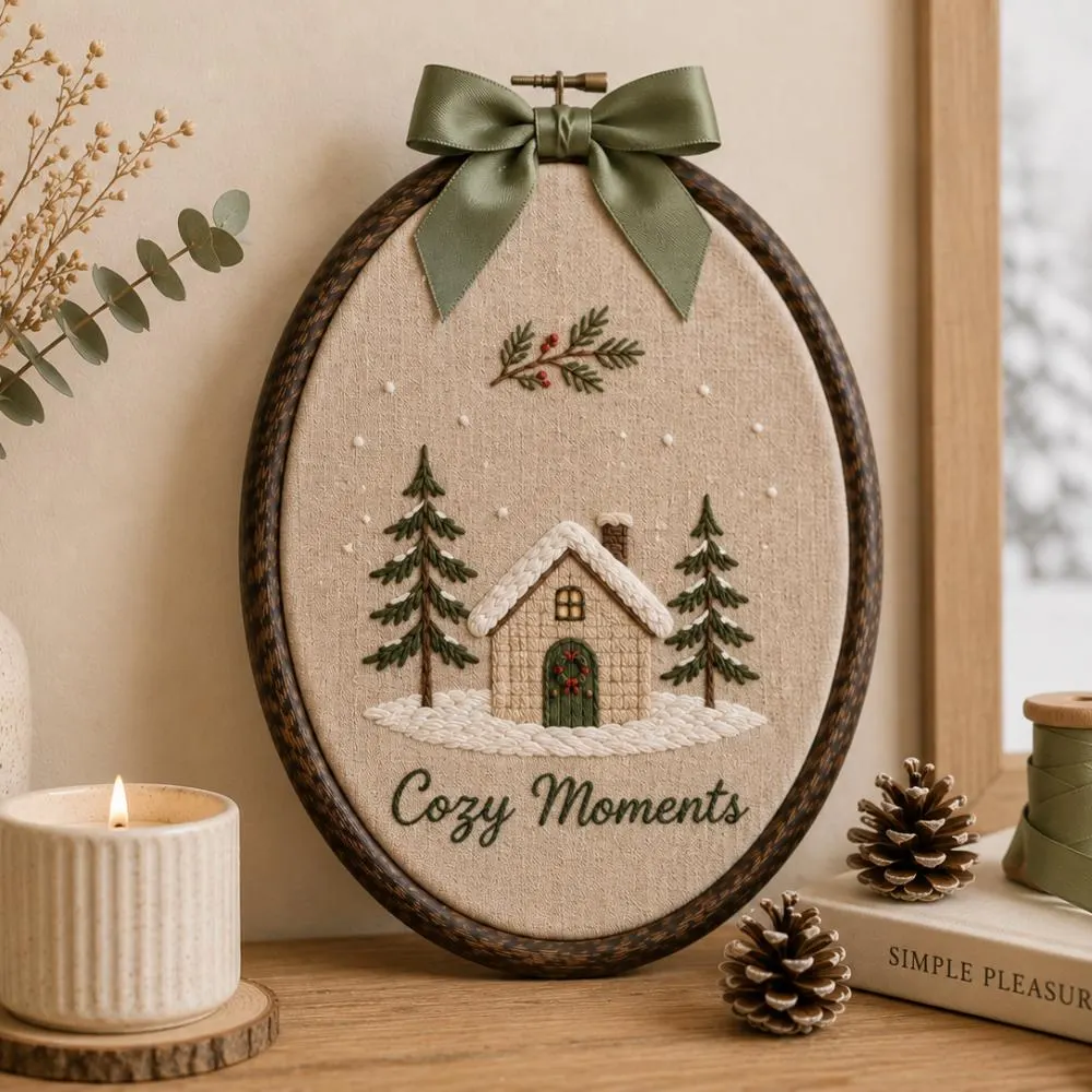 Cozy Moments Hand Embroidery Hoop Art, Winter Cabin Wall Decor, Snowy House Christmas Gift, Rustic Farmhouse Holiday Home Decoration YB1603