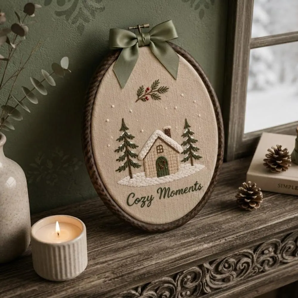 Cozy Moments Hand Embroidery Hoop Art, Winter Cabin Wall Decor, Snowy House Christmas Gift, Rustic Farmhouse Holiday Home Decoration YB1603 - Media 2