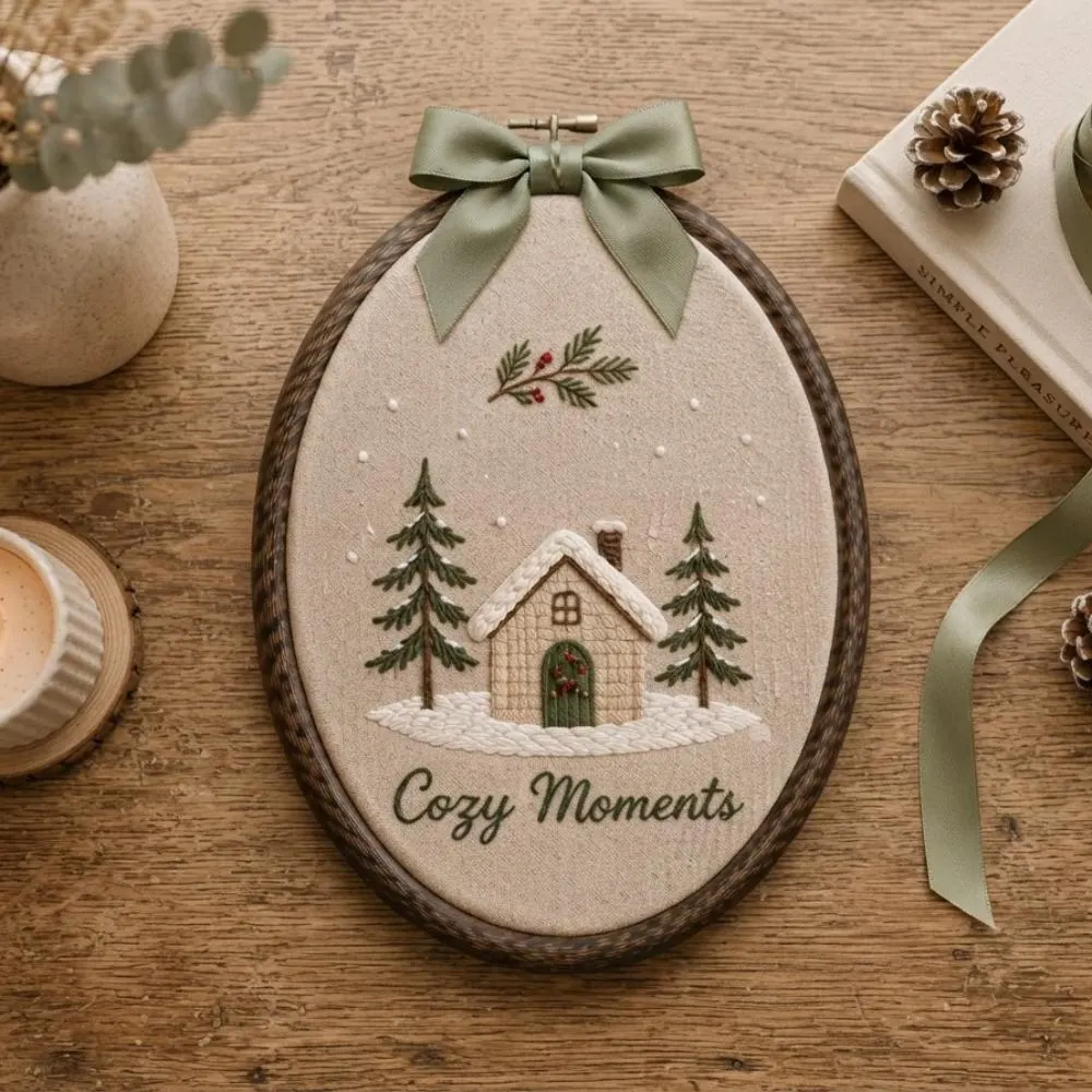 Cozy Moments Hand Embroidery Hoop Art, Winter Cabin Wall Decor, Snowy House Christmas Gift, Rustic Farmhouse Holiday Home Decoration YB1603 - Media 3