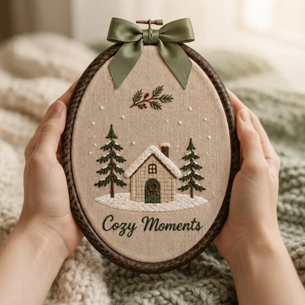 Cozy Moments Hand Embroidery Hoop Art, Winter Cabin Wall Decor, Snowy House Christmas Gift, Rustic Farmhouse Holiday Home Decoration YB1603 - Media 4