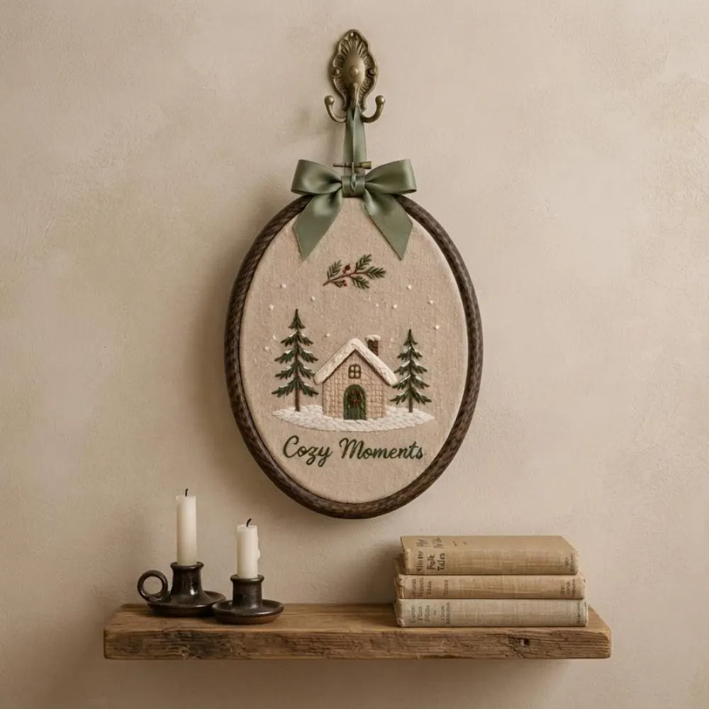 Cozy Moments Hand Embroidery Hoop Art, Winter Cabin Wall Decor, Snowy House Christmas Gift, Rustic Farmhouse Holiday Home Decoration YB1603 - Media 5