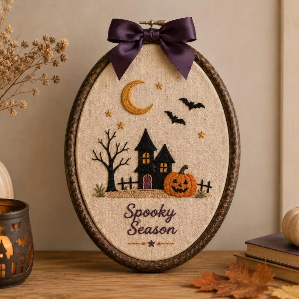 Spooky Season Halloween Embroidery Hoop Art, Haunted House and Pumpkin Wall Hanging, Vintage Gothic Fall Decor, Halloween Gift YB1603