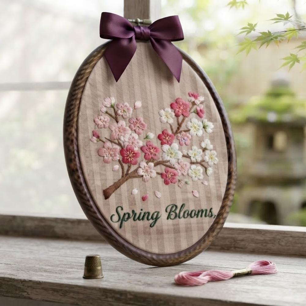 Spring Blooms Embroidery Hoop Art, Cherry Blossom Wall Decor, Pink Flower Hand Embroidery, Mothers Day Gift, Farmhouse Spring Decor YB1603 - Media 2