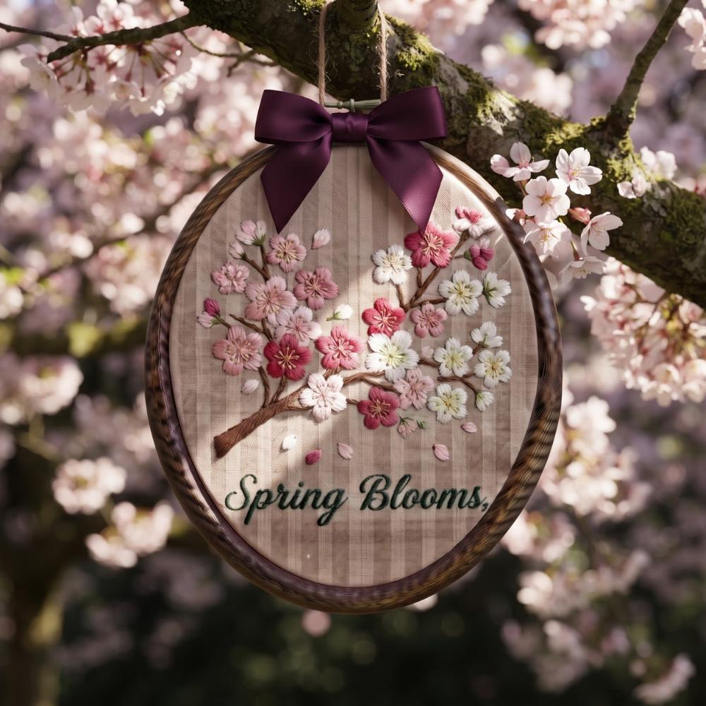 Spring Blooms Embroidery Hoop Art, Cherry Blossom Wall Decor, Pink Flower Hand Embroidery, Mothers Day Gift, Farmhouse Spring Decor YB1603 - Media 3