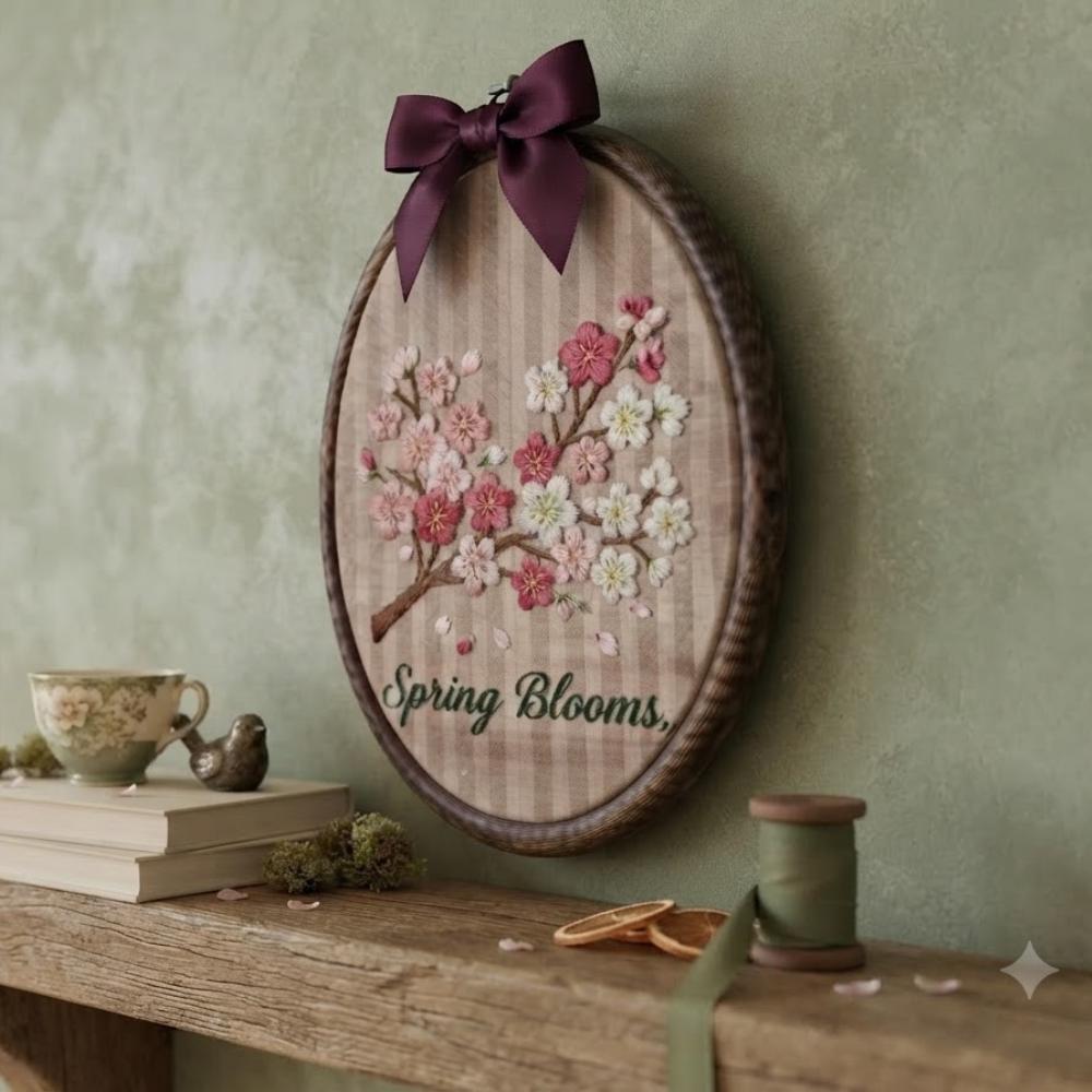 Spring Blooms Embroidery Hoop Art, Cherry Blossom Wall Decor, Pink Flower Hand Embroidery, Mothers Day Gift, Farmhouse Spring Decor YB1603 - Media 5
