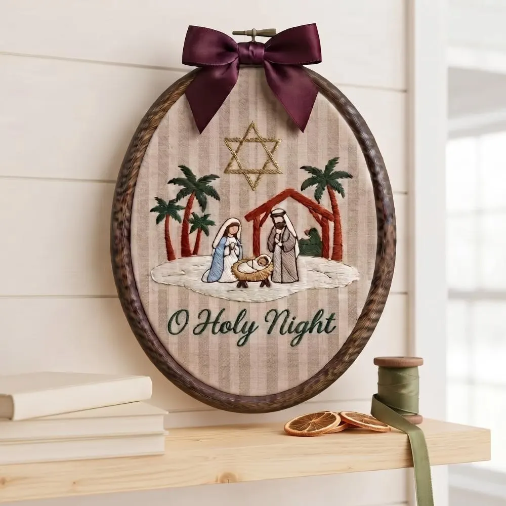 O Holy Night Nativity Embroidery Hoop Art, Religious Christmas Wall Decor, Christian Holiday Gift, Holy Family Manger Scene Hanging YB1603