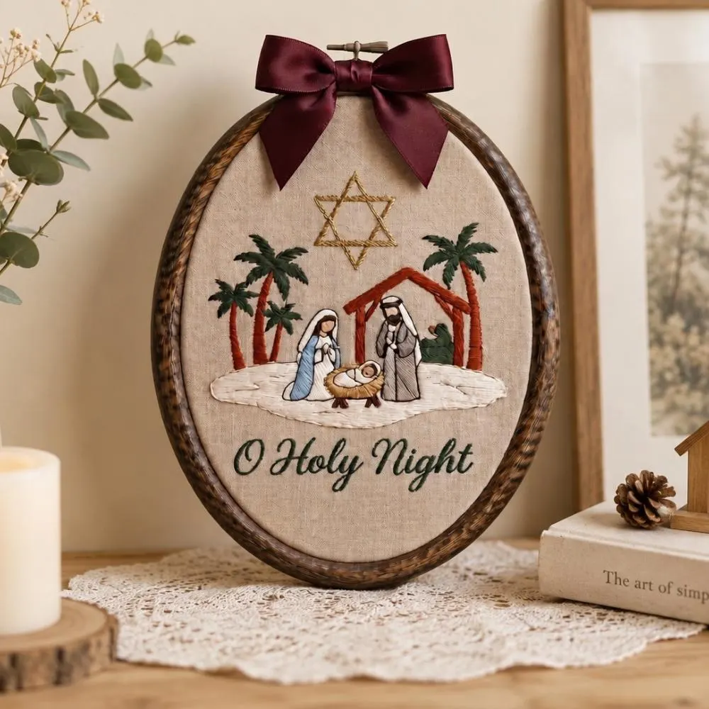 O Holy Night Nativity Embroidery Hoop Art, Religious Christmas Wall Decor, Christian Holiday Gift, Holy Family Manger Scene Hanging YB1603 - Media 2
