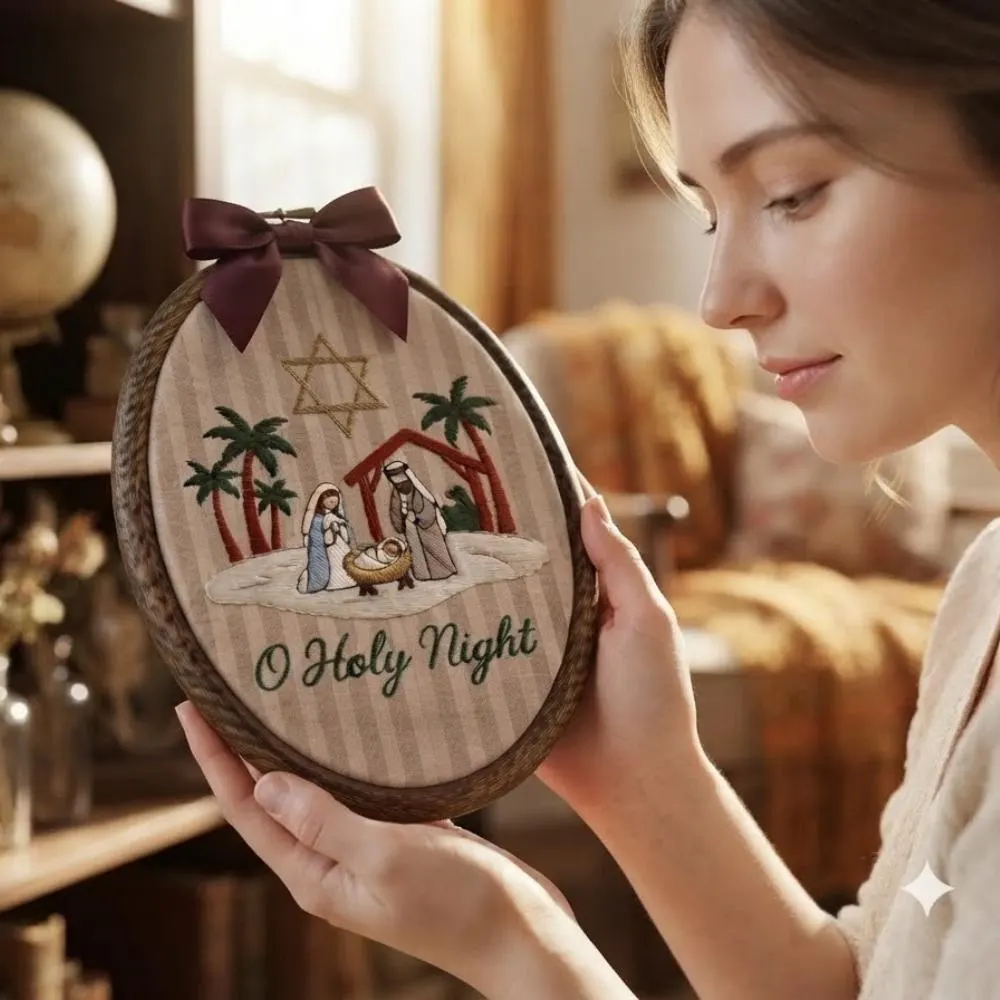 O Holy Night Nativity Embroidery Hoop Art, Religious Christmas Wall Decor, Christian Holiday Gift, Holy Family Manger Scene Hanging YB1603 - Media 3