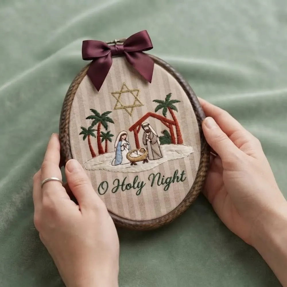 O Holy Night Nativity Embroidery Hoop Art, Religious Christmas Wall Decor, Christian Holiday Gift, Holy Family Manger Scene Hanging YB1603 - Media 4
