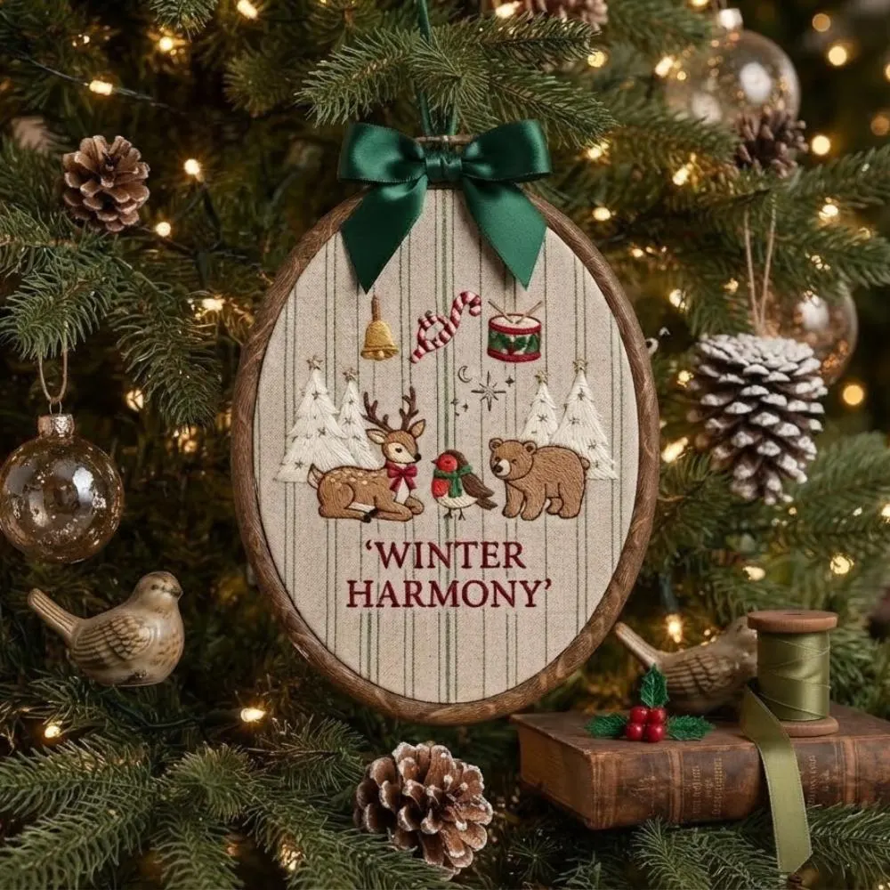 Winter Harmony Christmas Embroidery Hoop Art, Woodland Animal Holiday Decor, Reindeer and Bear Wall Hanging, Rustic Christmas Gift YB1603