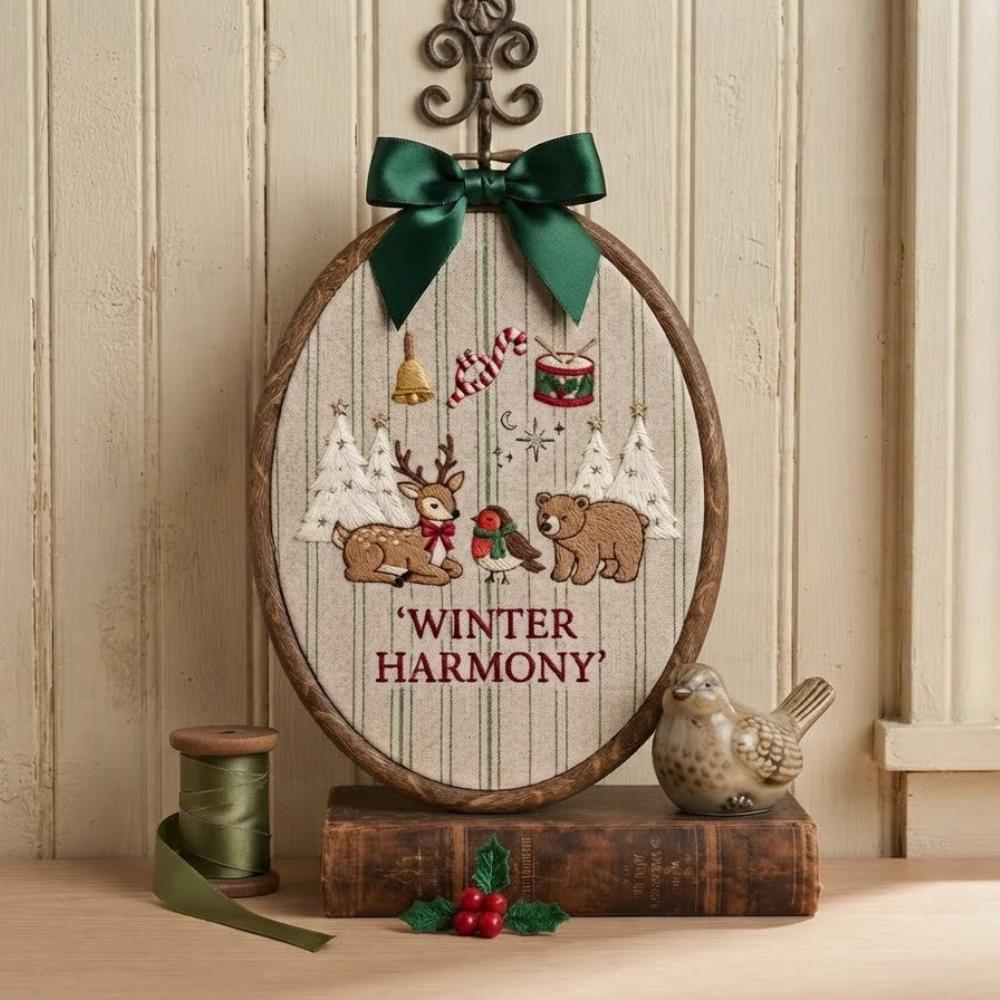 Winter Harmony Christmas Embroidery Hoop Art, Woodland Animal Holiday Decor, Reindeer and Bear Wall Hanging, Rustic Christmas Gift YB1603 - Media 2
