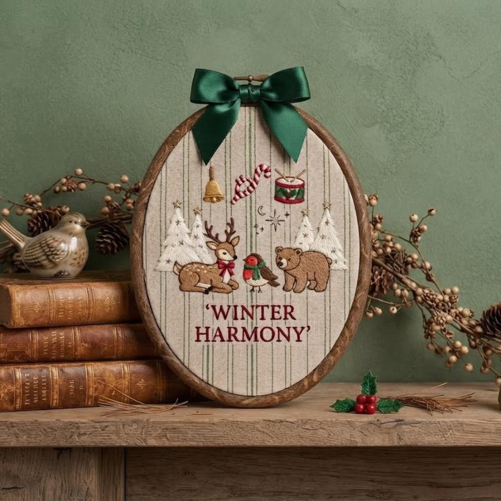 Winter Harmony Christmas Embroidery Hoop Art, Woodland Animal Holiday Decor, Reindeer and Bear Wall Hanging, Rustic Christmas Gift YB1603 - Media 3