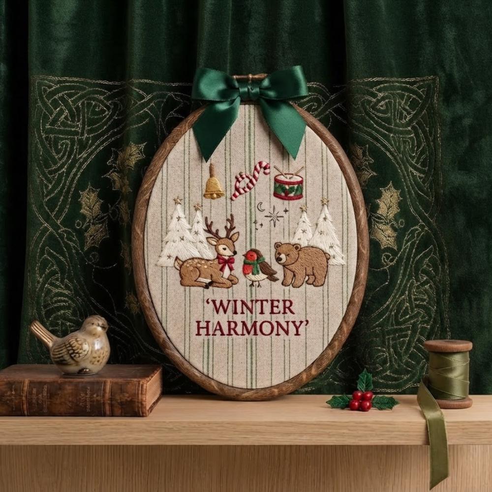 Winter Harmony Christmas Embroidery Hoop Art, Woodland Animal Holiday Decor, Reindeer and Bear Wall Hanging, Rustic Christmas Gift YB1603 - Media 5