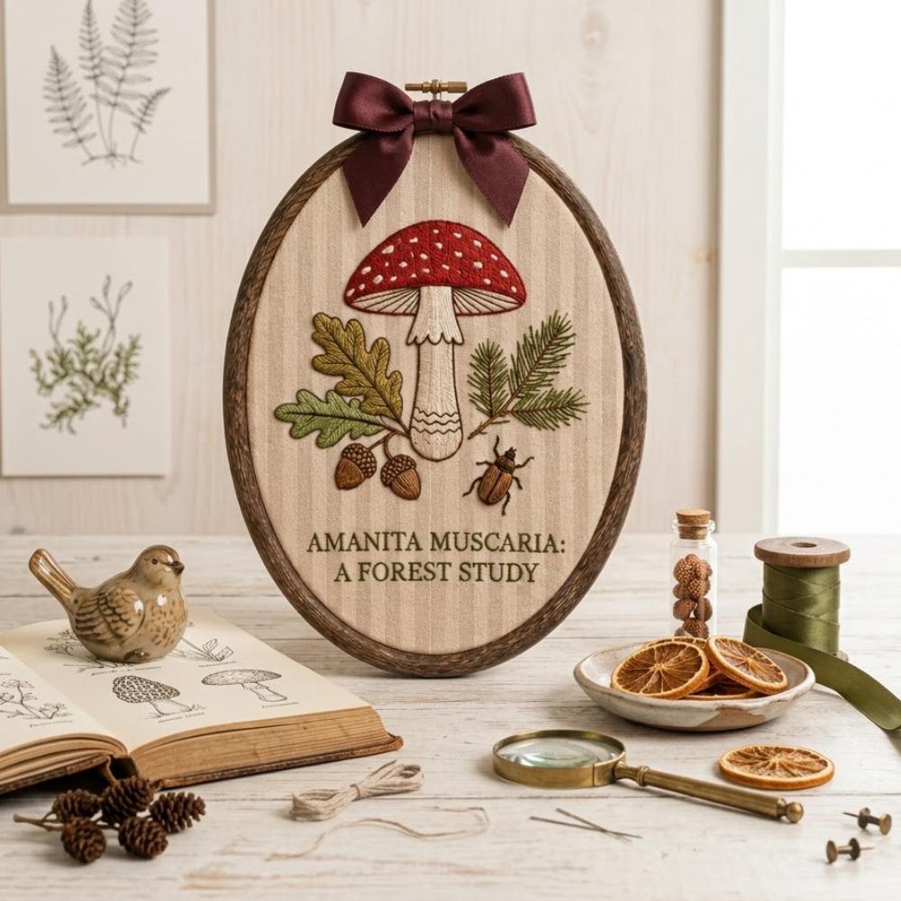 Amanita Muscaria Mushroom Embroidery Art, Red Toadstool Forest Study, Botanical Wall Hanging, Cottagecore Decor, Gift for Mycologist YB1603