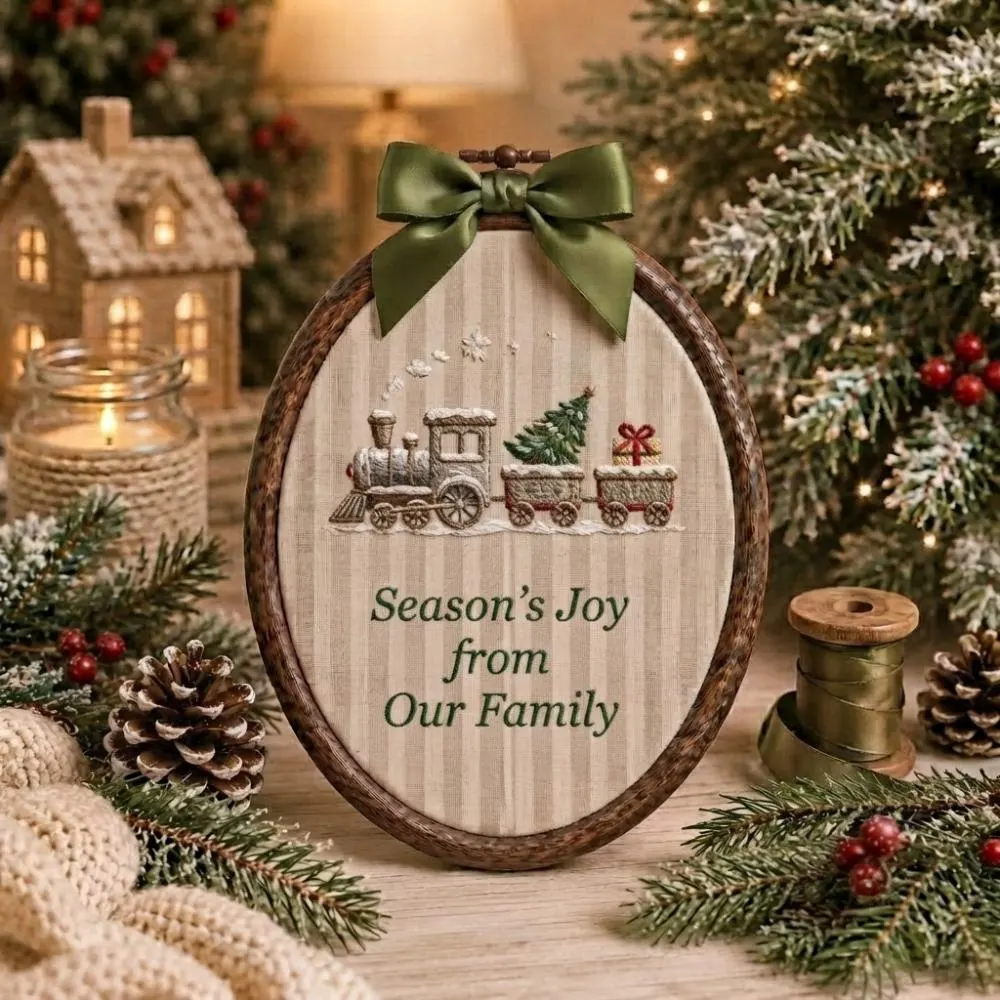 Season's Joy From Our Family Christmas Train Embroidery Hoop Art, Vintage Style Holiday Wall Decor, Nostalgic Steam Engine Decor YB1603