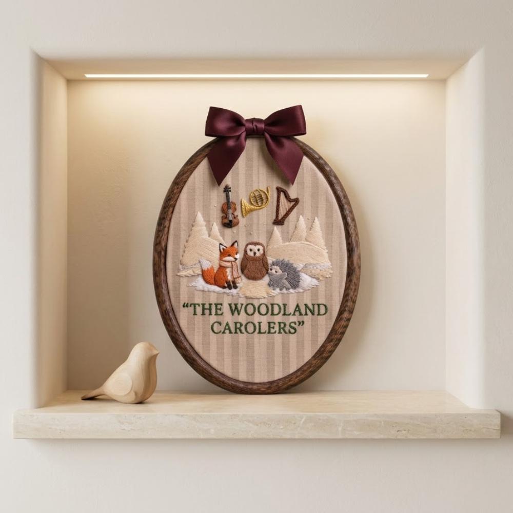 The Woodland Carolers Embroidery Hoop Art, Winter Fox Owl Hedgehog Wall Decor, Whimsical Christmas Gift, Forest Animal Nursery Art YB1603