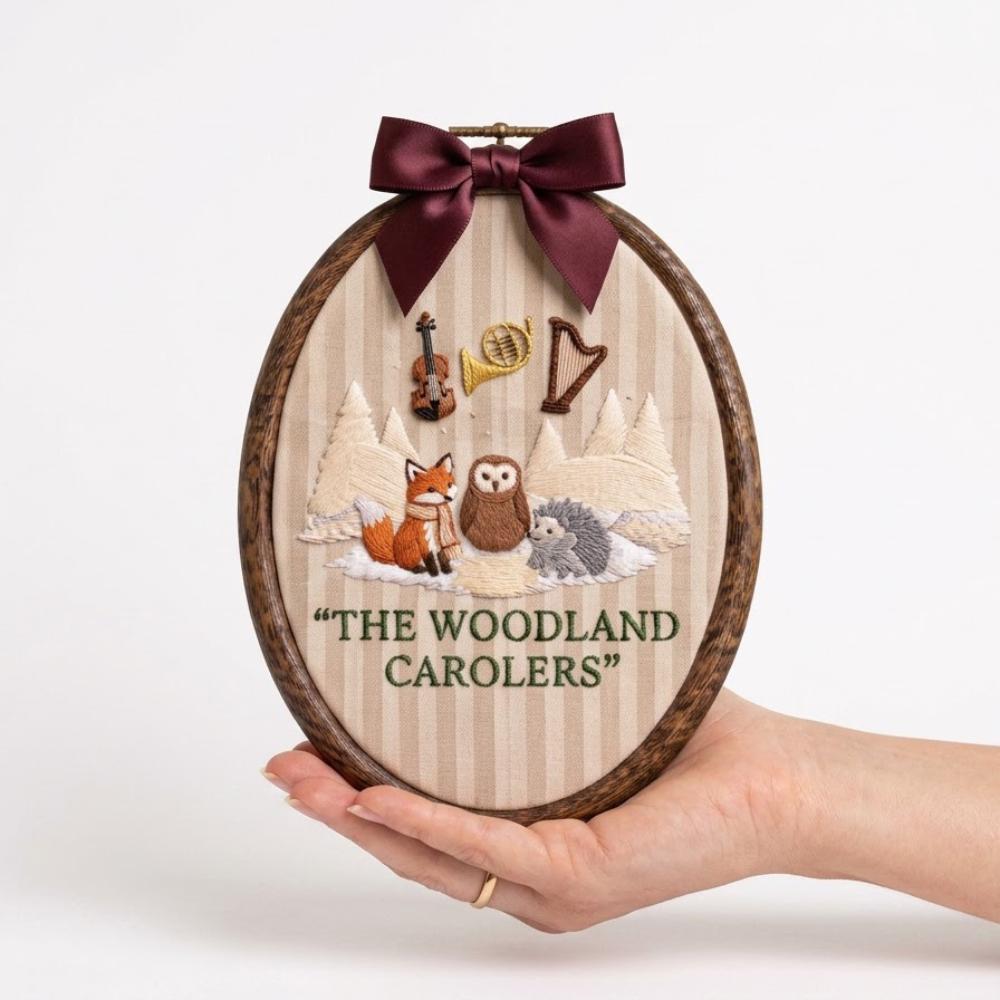 The Woodland Carolers Embroidery Hoop Art, Winter Fox Owl Hedgehog Wall Decor, Whimsical Christmas Gift, Forest Animal Nursery Art YB1603 - Media 2