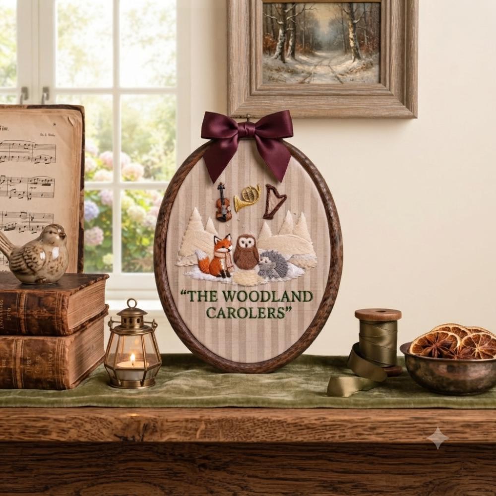The Woodland Carolers Embroidery Hoop Art, Winter Fox Owl Hedgehog Wall Decor, Whimsical Christmas Gift, Forest Animal Nursery Art YB1603 - Media 3