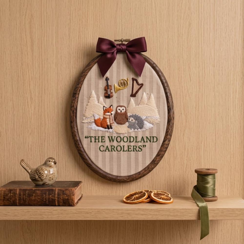 The Woodland Carolers Embroidery Hoop Art, Winter Fox Owl Hedgehog Wall Decor, Whimsical Christmas Gift, Forest Animal Nursery Art YB1603 - Media 4
