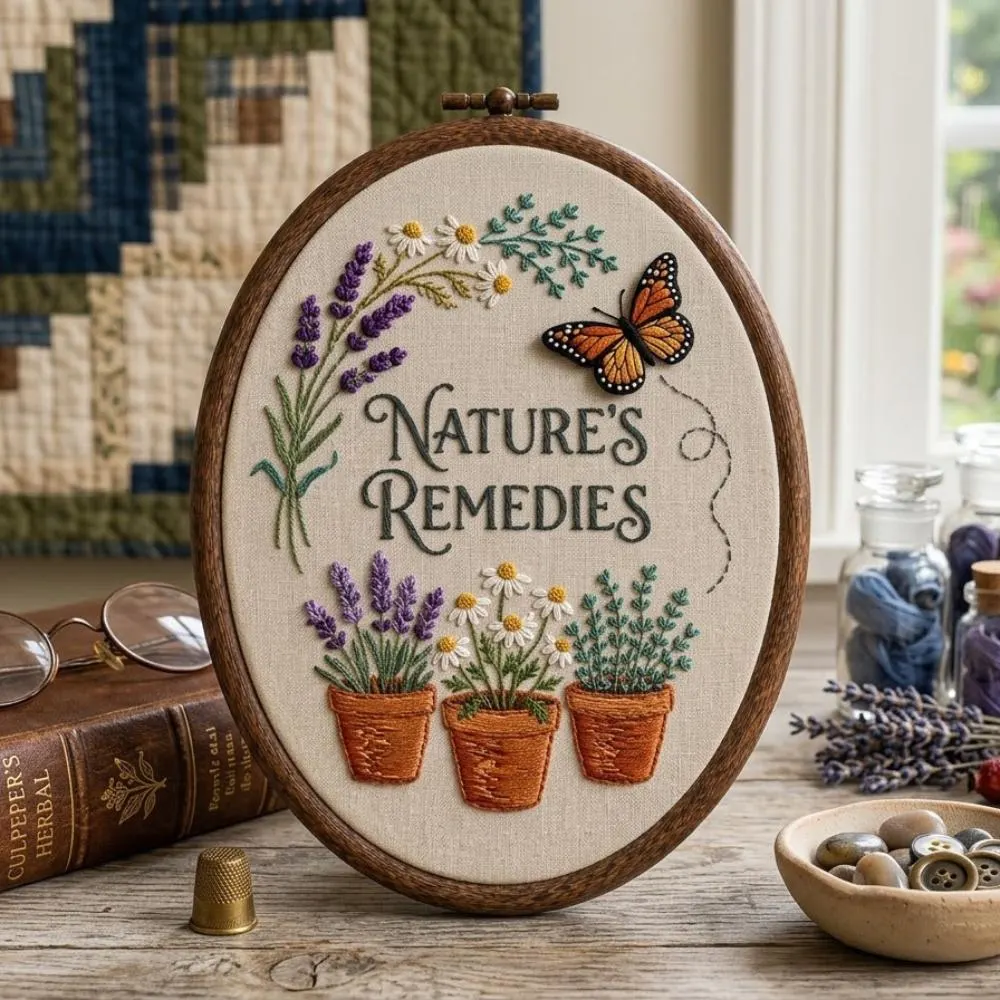 Nature's Remedies Embroidery Hoop Art, Butterfly and Herb Wall Decor, Botanical Lavender and Chamomile Art, Cottagecore Gardener Gift YB1603