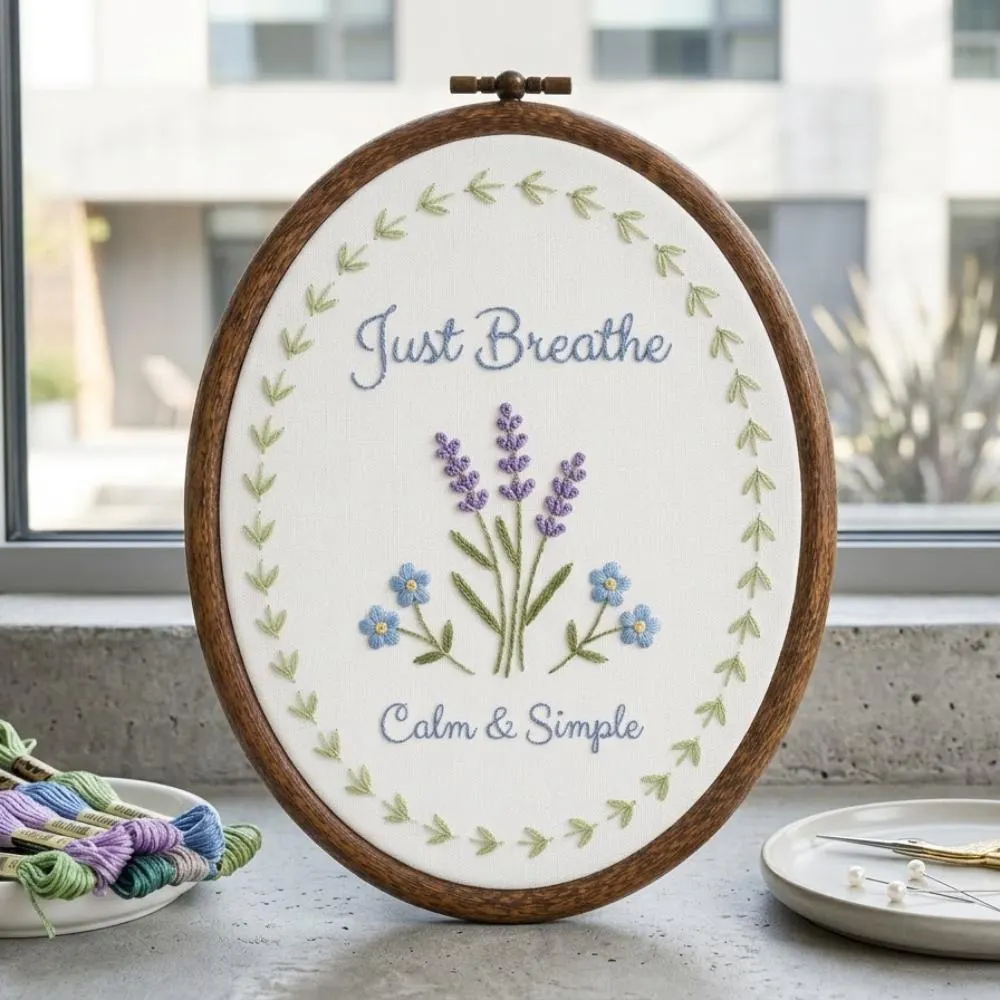 Just Breathe" Embroidery Hoop Art, Calm & Simple Lavender Floral Wall Hanging, Inspirational Mental Health Gift  YB1603