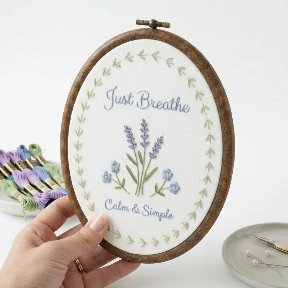Just Breathe" Embroidery Hoop Art, Calm & Simple Lavender Floral Wall Hanging, Inspirational Mental Health Gift  YB1603 - Media 2