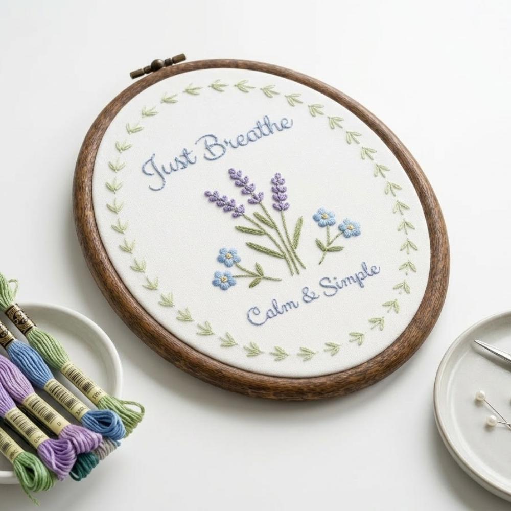 Just Breathe" Embroidery Hoop Art, Calm & Simple Lavender Floral Wall Hanging, Inspirational Mental Health Gift  YB1603 - Media 3