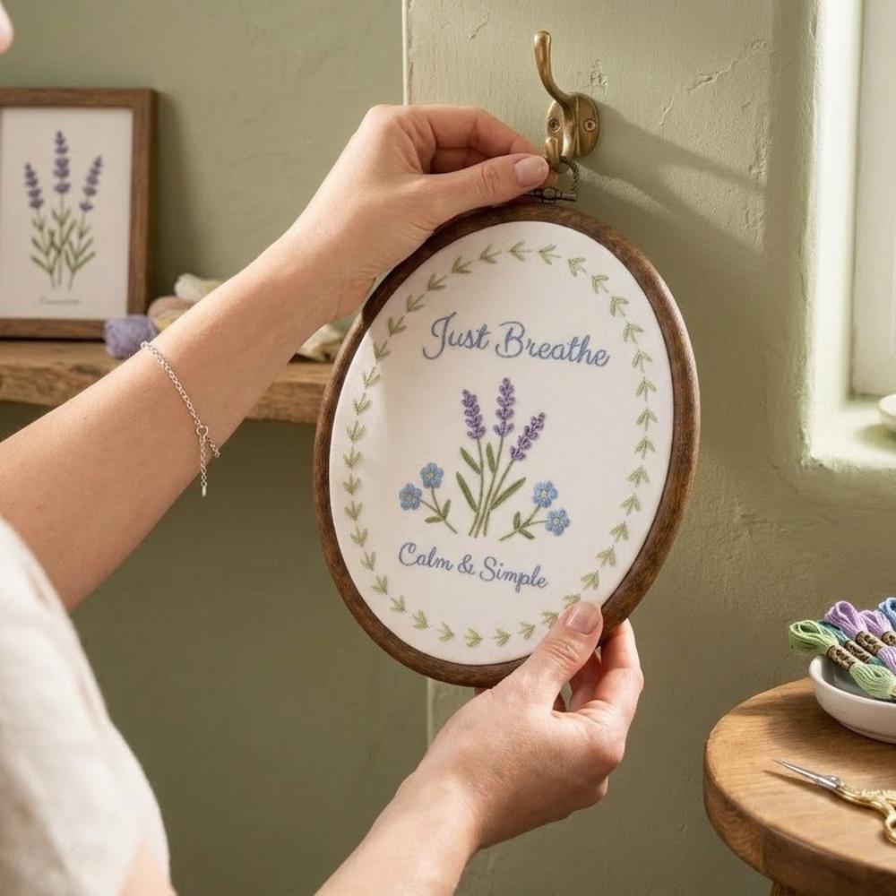 Just Breathe" Embroidery Hoop Art, Calm & Simple Lavender Floral Wall Hanging, Inspirational Mental Health Gift  YB1603 - Media 4