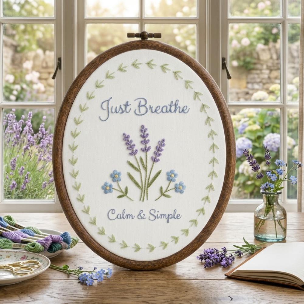 Just Breathe" Embroidery Hoop Art, Calm & Simple Lavender Floral Wall Hanging, Inspirational Mental Health Gift  YB1603 - Media 5