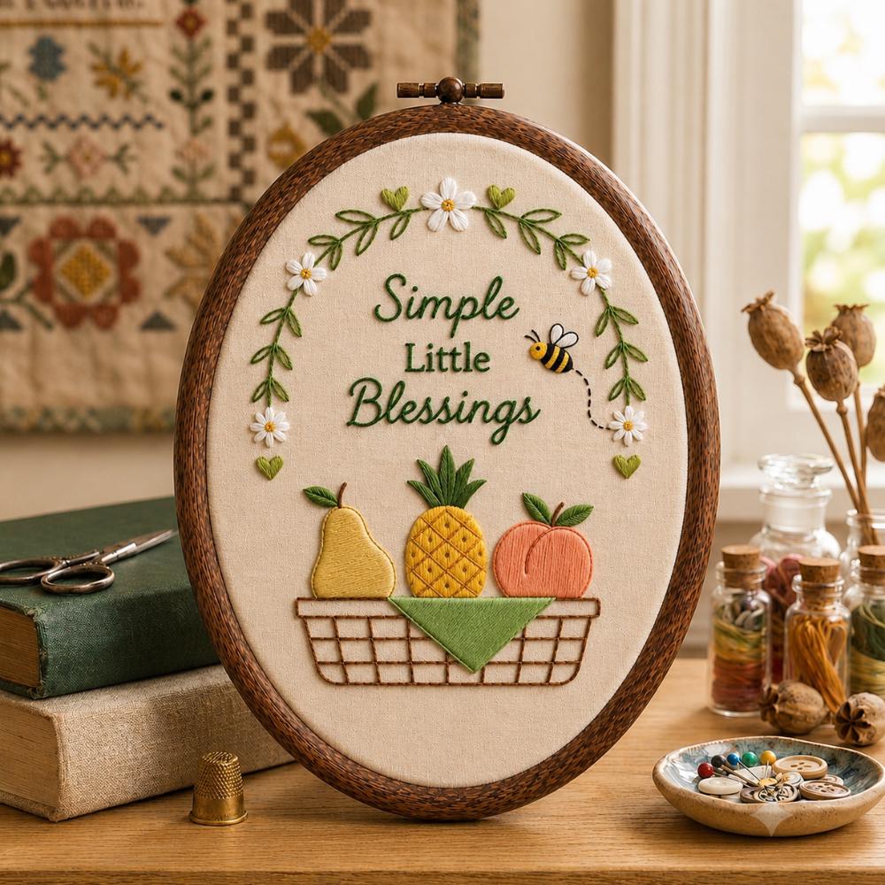 Simple Little Blessings, Embroidery Hoop Art, Fruit Basket & Bumblebee Wall Decor, Farmhouse Kitchen Sign, Cottagecore Gift YB1603