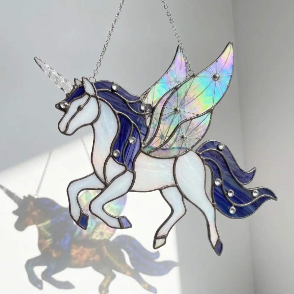 Iridescent Unicorn Suncatcher, Stained Glass Pegasus Window Hanging, Magical Alicorn Decor, Fantasy Gift for Girls, Nursery Wall Art YB1603