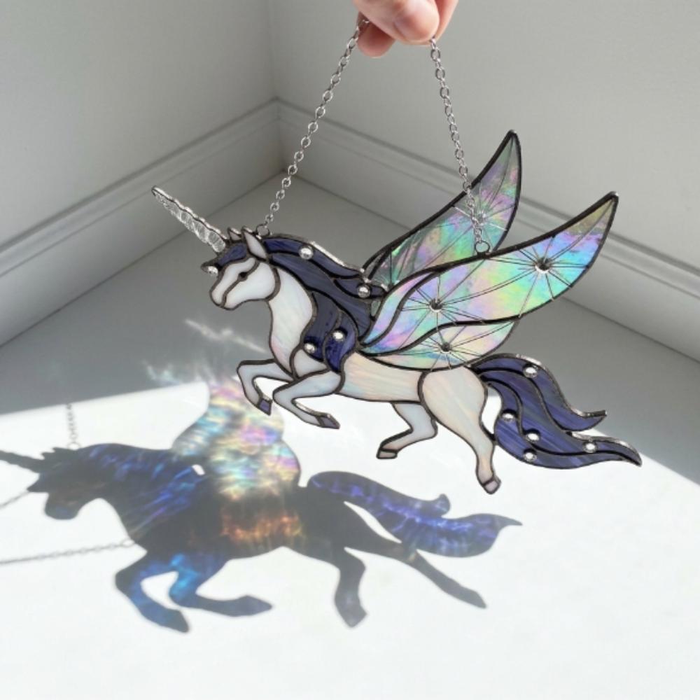 Iridescent Unicorn Suncatcher, Stained Glass Pegasus Window Hanging, Magical Alicorn Decor, Fantasy Gift for Girls, Nursery Wall Art YB1603 - Media 2