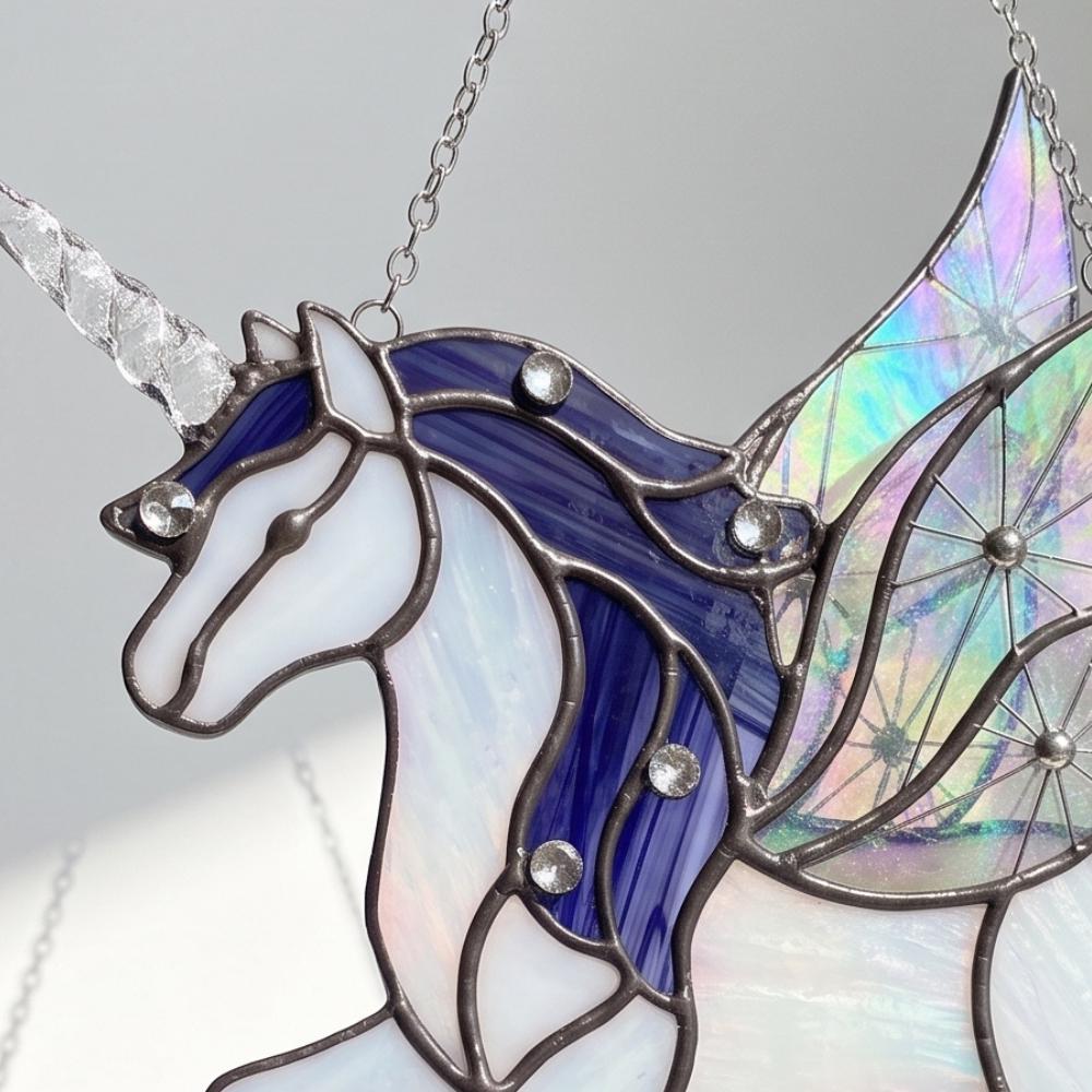 Iridescent Unicorn Suncatcher, Stained Glass Pegasus Window Hanging, Magical Alicorn Decor, Fantasy Gift for Girls, Nursery Wall Art YB1603 - Media 3