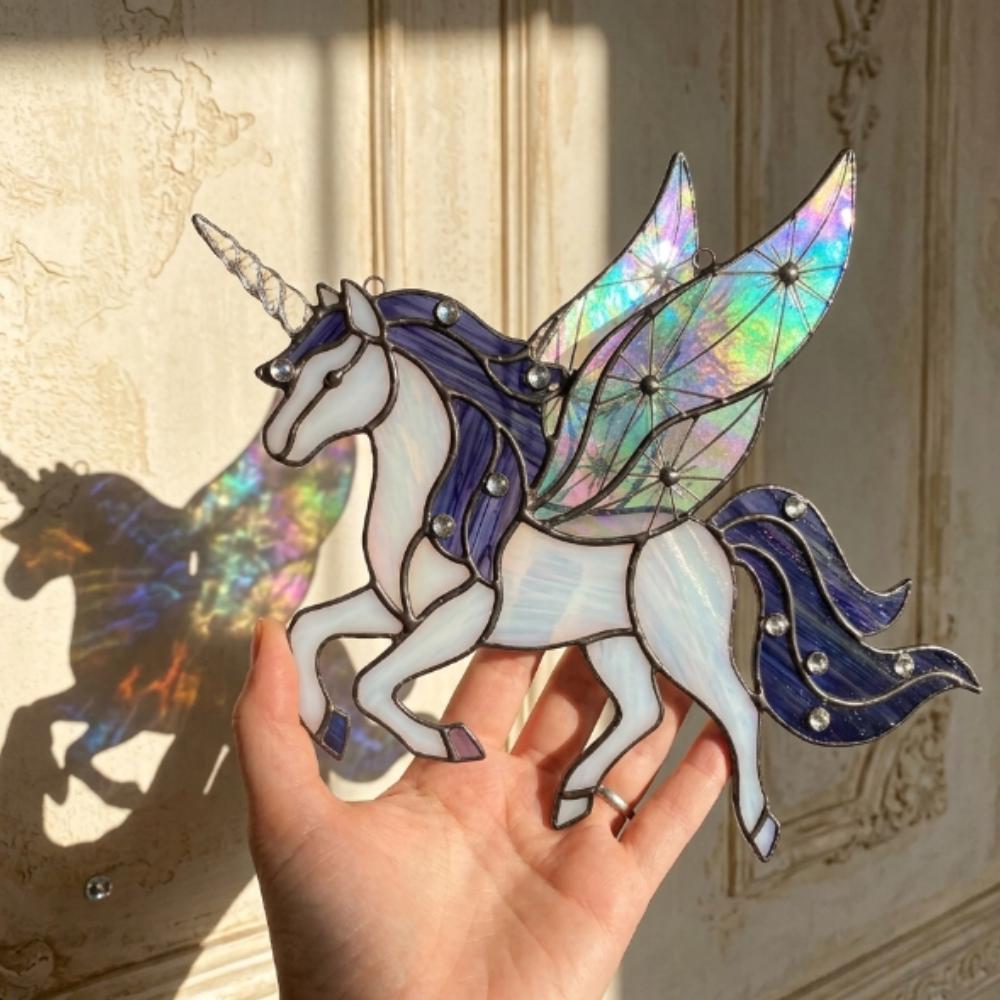 Iridescent Unicorn Suncatcher, Stained Glass Pegasus Window Hanging, Magical Alicorn Decor, Fantasy Gift for Girls, Nursery Wall Art YB1603 - Media 4