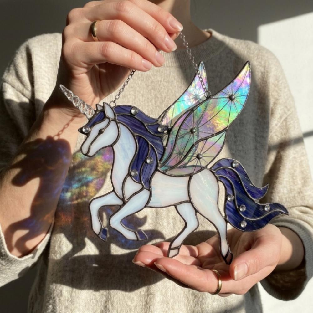 Iridescent Unicorn Suncatcher, Stained Glass Pegasus Window Hanging, Magical Alicorn Decor, Fantasy Gift for Girls, Nursery Wall Art YB1603 - Media 5