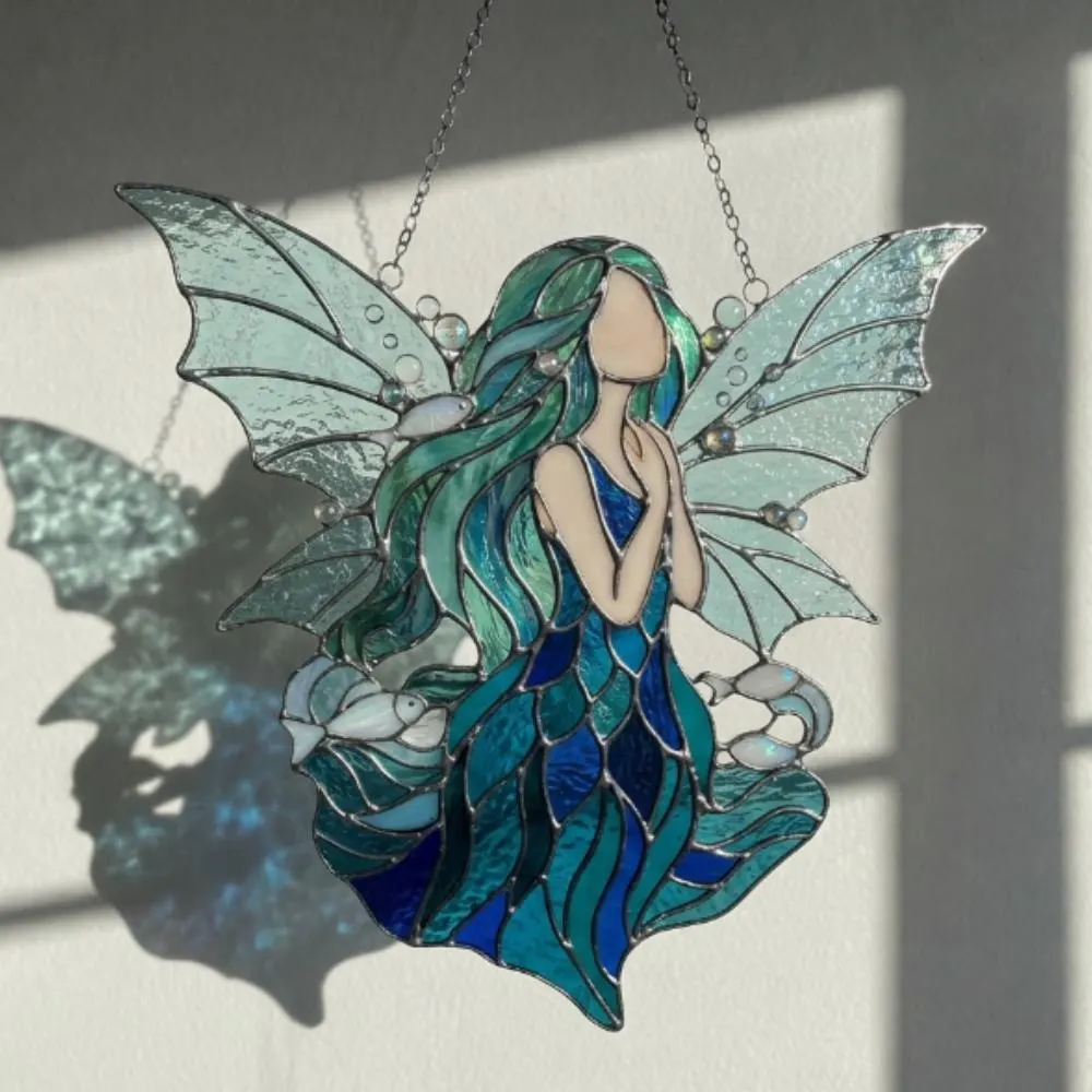 Ocean Water Fairy Suncatcher, Blue Stained Glass Style Mermaid Window Hanging, Sea Spirit Decor, Magical Gift, Whimsical Wall Art YB1603