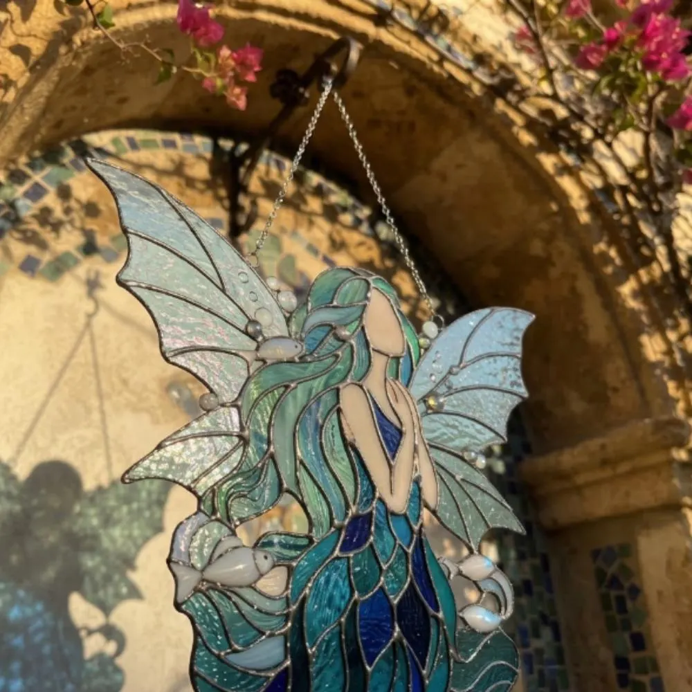 Ocean Water Fairy Suncatcher, Blue Stained Glass Style Mermaid Window Hanging, Sea Spirit Decor, Magical Gift, Whimsical Wall Art YB1603 - Media 2