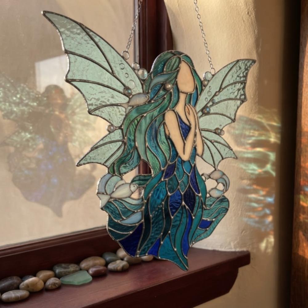 Ocean Water Fairy Suncatcher, Blue Stained Glass Style Mermaid Window Hanging, Sea Spirit Decor, Magical Gift, Whimsical Wall Art YB1603 - Media 3