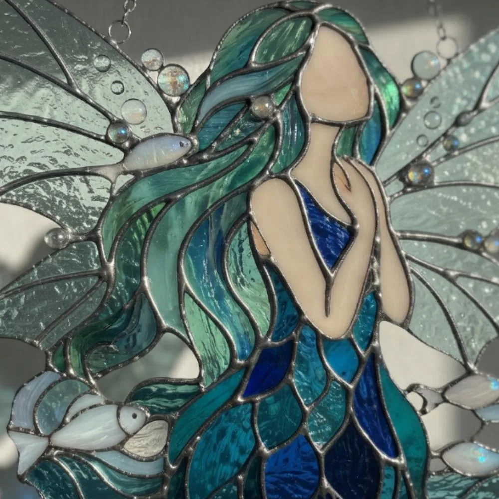 Ocean Water Fairy Suncatcher, Blue Stained Glass Style Mermaid Window Hanging, Sea Spirit Decor, Magical Gift, Whimsical Wall Art YB1603 - Media 4