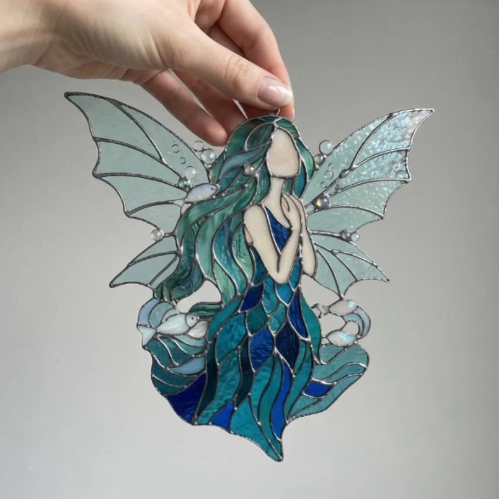 Ocean Water Fairy Suncatcher, Blue Stained Glass Style Mermaid Window Hanging, Sea Spirit Decor, Magical Gift, Whimsical Wall Art YB1603 - Media 5