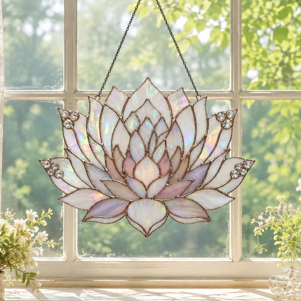 Iridescent Lotus Flower Suncatcher, Stained Glass Style Window Hanging, Zen Yoga Meditation Decor, Spiritual Gift, Boho Flower Art YB1603